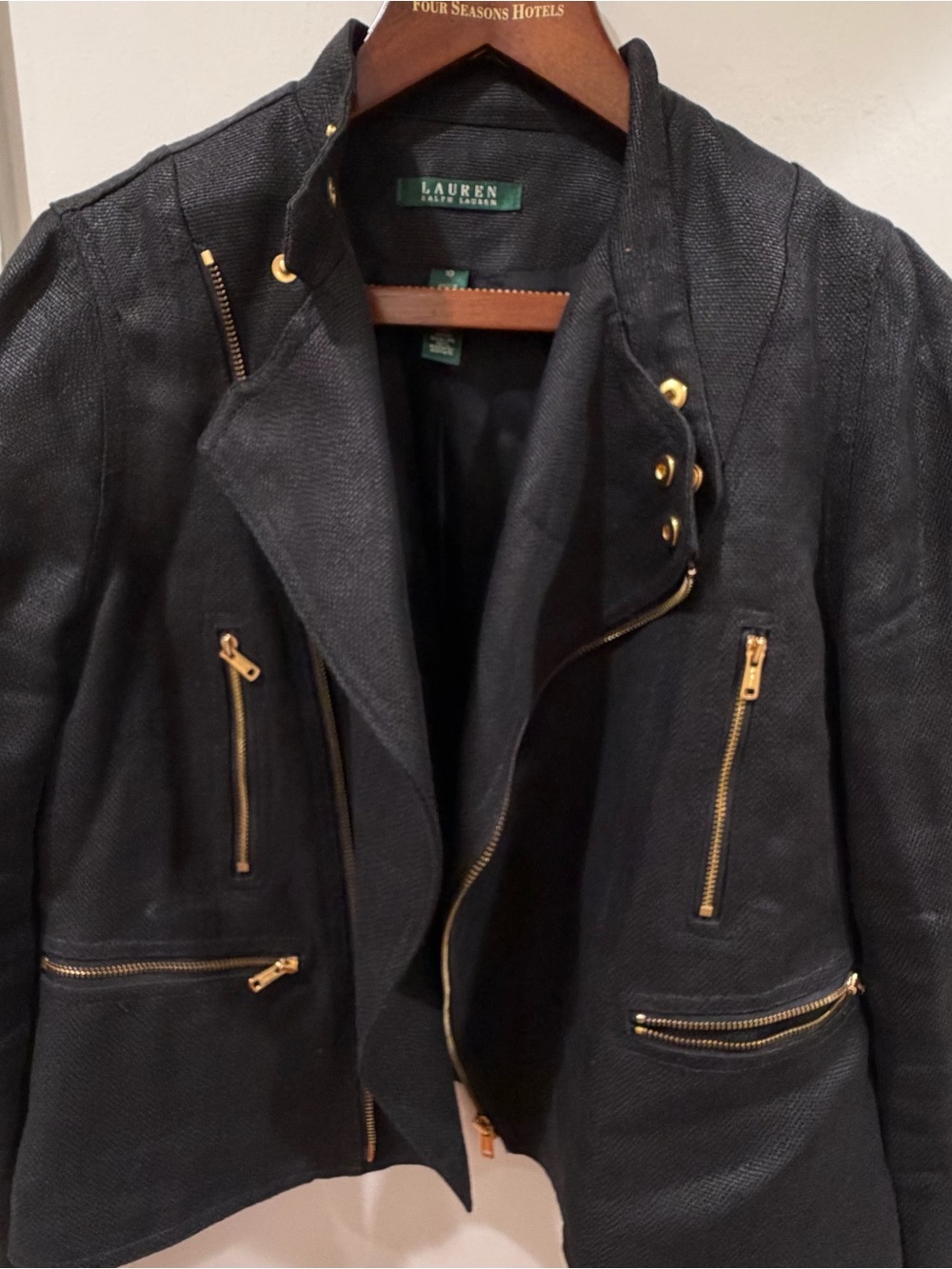 Ralph Lauren Black Textured Moto Jacket with Gold Hardware Accents